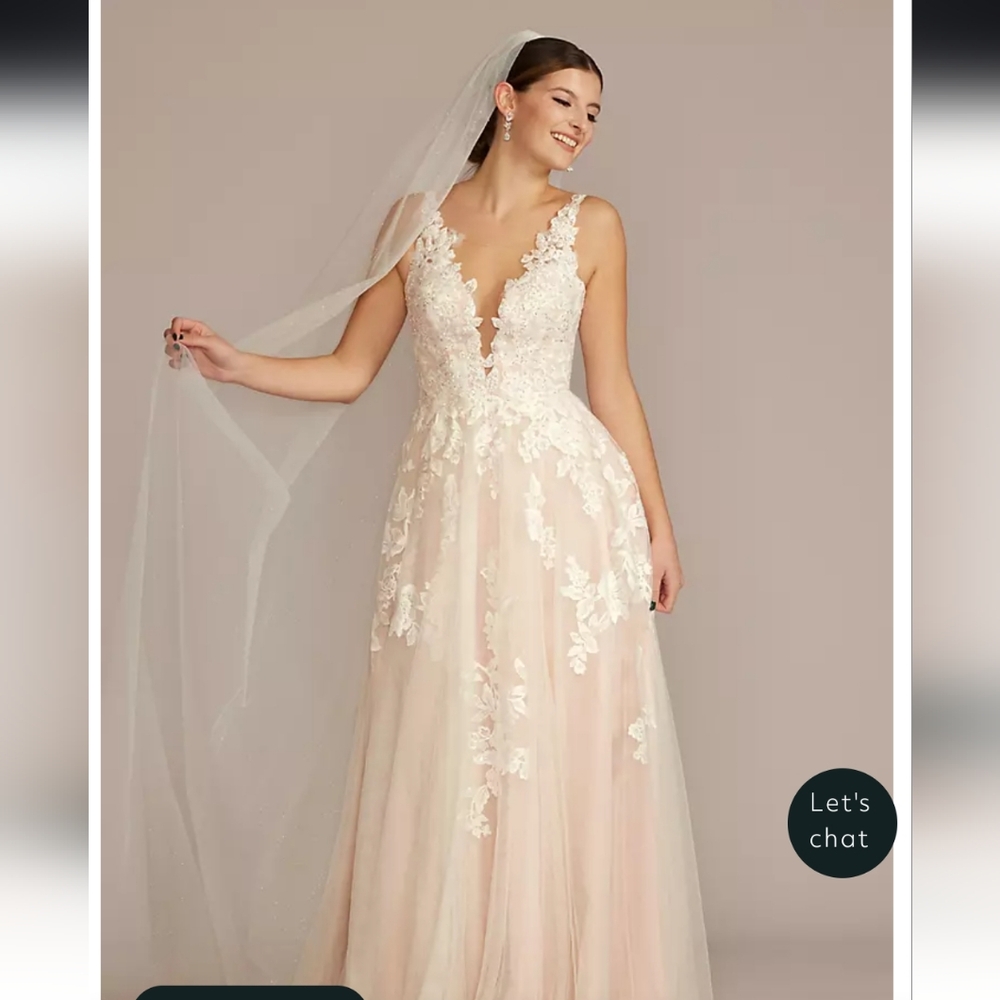 Oleg Cassini Illusion Plunge V-Neck Lace Wedding Gown Size Four